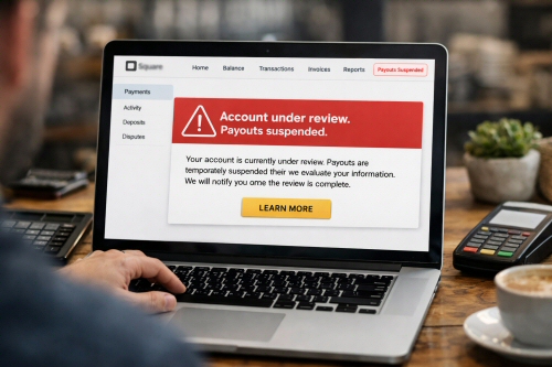 Account under review, payouts suspended simulated screen from an aggregator payment processor.
