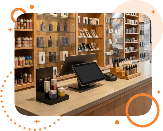 Vape Shops POS system with built-in age verification, automated compliance checking for each transaction, high-risk payment processing, and integrated customer loyalty and gift card program.